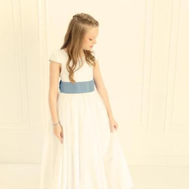 Imagem de Vestido longo Off White com Faixa e Laço AZUL BEBÊ Infantil Festa eleg