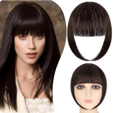 Imagem de Franja com clipe, franja de grampo de cabelo, apliques de cabelo para mulheres franja com têmporas extensões de cabelo grosso curvado natural peruca de cortina marrom escuro