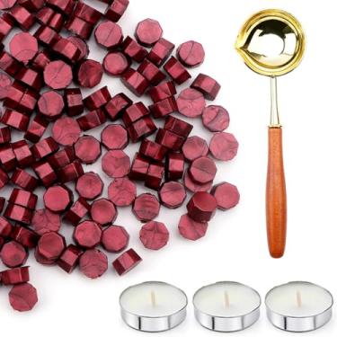 Imagem de Conjunto de 200 contas de lacre de cera com colher de derretimento antiderrapante e velas, grânulos de cera de vedação roxo avermelhado ótimo para selos, convites de casamento, presente de Natal, selo