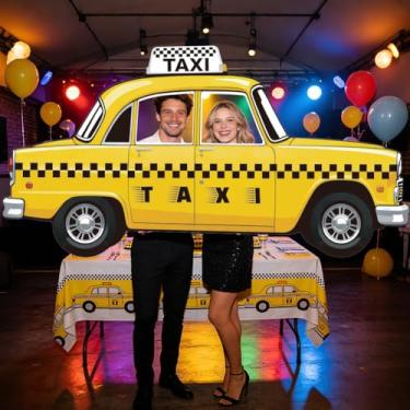 Imagem de WADORN Banner amarelo em forma de táxi com moldura de selfie, 2,5 x 1,5 m, tema de Nova York, decorações de festa, pano de fundo, fotografia de táxi amarelo, suprimentos para pendurar em casa, festa
