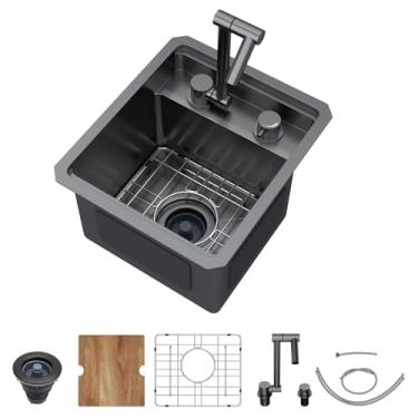 Imagem de Talllor Pia de cozinha para trailers - Pia de barra de montagem inferior de 33 x 38 x 23 cm com torneira, estação de trabalho preta 16 calibres de aço inoxidável, pia pequena molhada para trailer