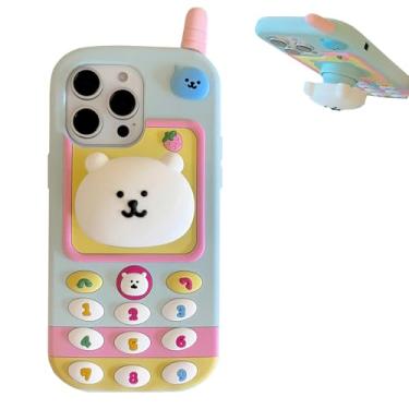 Imagem de YAKVOOK Capa de telefone retrô compatível com iPhone 14 Pro, bonito desenho kawaii 3D urso branco suporte clássico capa de telefone divertida borracha macia protetor à prova de choque para mulheres