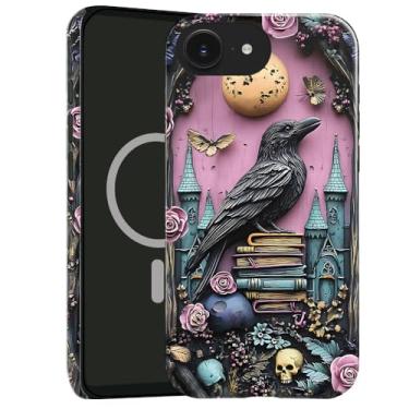 Imagem de TnXee Capa compatível com iPhone 16e, compatível com MagSafe, capa rígida híbrida de 2 camadas de prevenção de queda brilhante para meninas e meninos, estante de livros de caveira floral borboleta