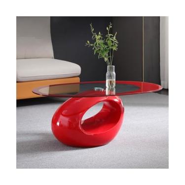 Imagem de Mesa de centro oval moderna, mesa de sala de estar com prateleira de armazenamento, mesa de centro moderna de vidro temperado de 83 cm, mesa central de sofá, fácil montagem, simples (vermelho)