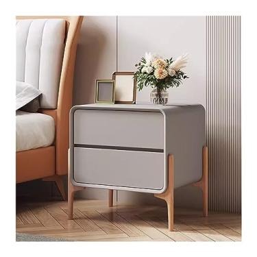 Imagem de Mesa de cabeceira moderna minimalista para quarto pequeno armário de armazenamento de madeira com gavetas duplas mesa de cabeceira bordas arredondadas de cor pura móveis de cabeceira prático (cinza
