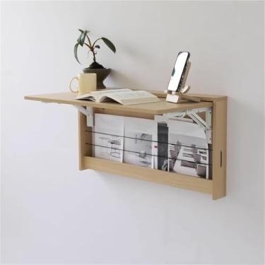 Imagem de Mesa dobrável de folha suspensa montada na parede, mesa flutuante multifuncional com prateleiras, mesa de computador flutuante para estudo, ideal para casa (natural)