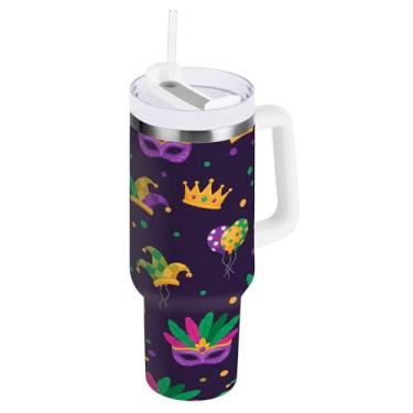 Imagem de Blueangle Copo isolado para Mardi Gras de 1,134 g com alça e tampa de palha, caneca de viagem reutilizável de aço inoxidável (824)