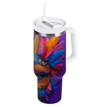 Imagem de Blueangle Copo isolado de máscara colorida de carnaval de 850 g com alça e tampa de palha, caneca de viagem reutilizável de aço inoxidável (195)