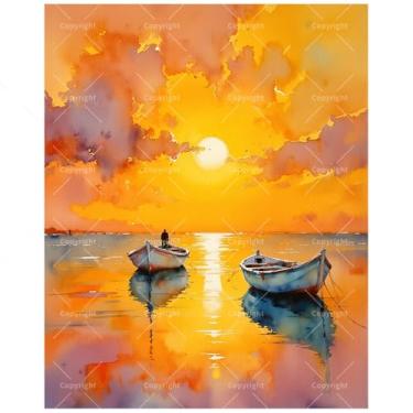 Imagem de Barco pequeno em água transparente ao pôr do sol kit de pintura por números para adultos - Pintura reflexiva do pôr do sol DIY em tela 40,6 x 50,8 cm, conjunto de tinta acrílica, adequado para