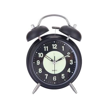 Imagem de Despertador para quarto, retro, metal, duplo, sino, despertador com luz noturna, silencioso, sem tique-taque, quartzo luminoso, analógico, relógio de mesa (preto)