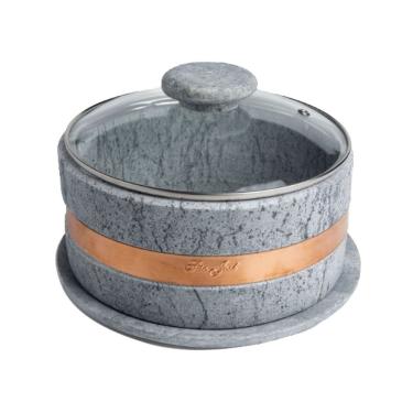 Imagem de Boleira de Pedra Sabão Cobre Tampa Vidro Bolo Torta 22x14cm