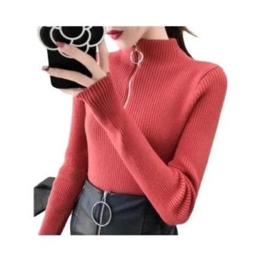 Imagem de Suéter Feminino Slim Fit De Gola Alta Com Zíper, Pullover De Tricô Par