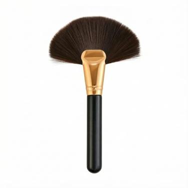 Imagem de Pincel iluminador em forma de leque, aplicador de bronzeador, marrom, 1 peça, fibras macias anguladas, varredura para maçãs do rosto, contorno de brilho, acabamento em pó, kit de maquiagem para uso em