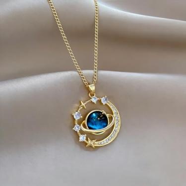 Imagem de Colar delicado banhado a ouro 14K, joia feminina com pingente de lua celestial e estrela, one size, Metal, Sem Pedra Preciosa