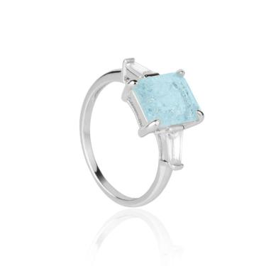 Imagem de Anel Retangular Azul Cristal Ródio Branco Aro 18