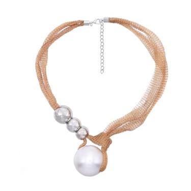 Imagem de Colar feminino vintage europeu e americano leve de luxo com pérola sintética, contas de metal e corrente de malha, acessório moderno e versátil, disponível em tons de prata e dourado, One Size Fits