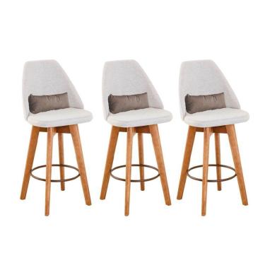 Imagem de Kit 03 Banquetas Alta Maya Giratória Com Encosto Linho Bege Claro e Almofada Suede Bege - Aurora Line