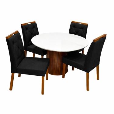 Imagem de Mesa de Jantar Dara 110cm Redonda com Vidro e 4 Cadeiras Jasmim em Veludo Estofadas Lj Móveis Cor Cinamomo Off White com Tecido Preto