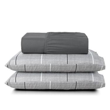 Imagem de Jogo Lençol Celi Queen Estampado 200 Fios Xadrez Grid Cinza - Casa Sca