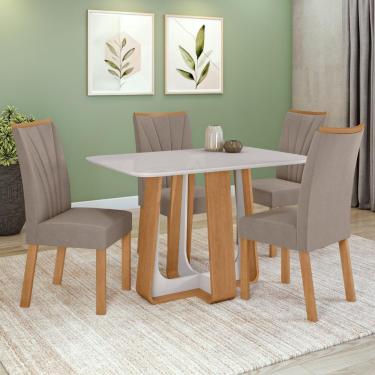 Imagem de Conjunto Sala de Jantar Mesa 120x80cm Tampo Vidro/MDF 4 Cadeiras Suede Bege Amendoa Clean/Off White