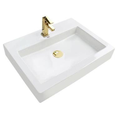 Imagem de Kit Cuba Pia Louça Cerâmica Banheiro C/ Torn e Vál Dourada 6 - Smart N