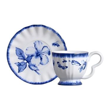 Imagem de Xícara De Café Cerâmica Azul E Branca Demoiselle Scalla 100ml