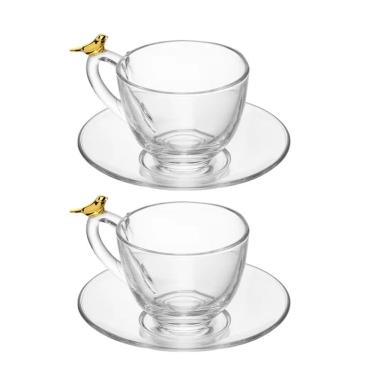Imagem de Jogo 2 Xícara De Chá Com Pires Golden Bird Pássaro 180ml Cristal Ecológico Wolff