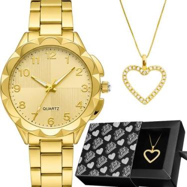 Imagem de relogio feminino aço dourado + caixa + colar coração strass original p