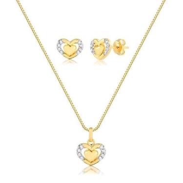 Imagem de Conjunto Coração Com Pedras De Zircônia Folheado A Ouro - Radhau Joias