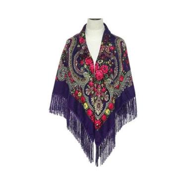 Imagem de Lenço Feminino Retrô De Algodão Estampado Com Franjas 51x51in, Xale, H