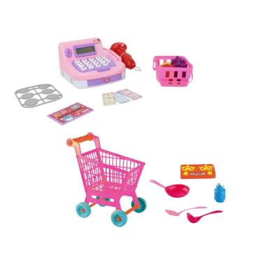Imagem de Máquina registradora infantil de brinquedo com carrinho compra grande fogão e cesta com acessórios BBR P