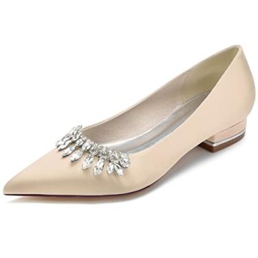 Imagem de Sandálias rasteiras e sapatos de casamento para noivas femininas balé bico fino de cetim sapatos sociais com strass 36-43,Champagne,6 UK/39 EU