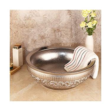 Imagem de jinyi2016SHOP Pias de vaso de banheiro de prata cuba de cerâmica para pia de vaso sanitário e pia de cerâmica para pintura à mão, tigela redonda para lavatórios de armário e banheiro (cor: A)