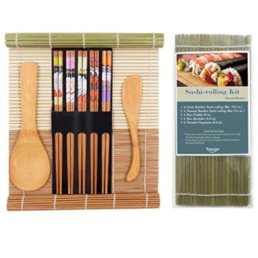Imagem de Kit de fabricação de sushi Tossow – Inclui 2 tapetes de rolagem de sushi, 1 pá de arroz, 1 espátula de arroz e 5 pares de pauzinhos | 100% tapetes de sushi de bambu e utensílios