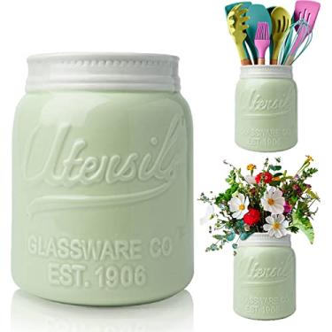 Imagem de Comfify Wide Mouth Mason Jar Utensil Holder Decorative Kitchenware Organiser Crock, Chip Resistant Ceramic, Dishwasher Safe - Kitchen Caddy Green, Large Size 18cm High