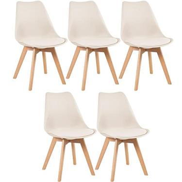 Imagem de Loft7, Conjunto Kit 5 Cadeiras Leda Com Assento Estofado, Encosto De Polipropileno E Pés De Madeira Natural, Elegante Sala De Jantar Cozinha Bar Varanda Gourmet, Creme