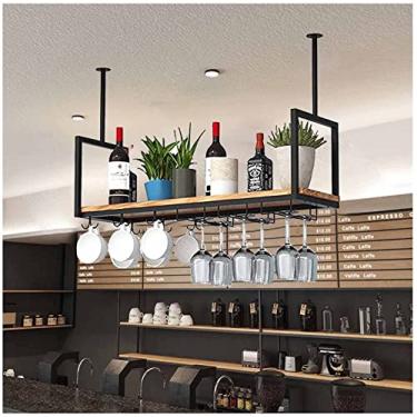 Imagem de Suporte para garrafas de teto de metal suspenso com prateleira de vidro para taças, suporte de armazenamento de vinho para exibição vintage para armário, cozinha, bar (cor: preto, tamanho: 80 x 30 x