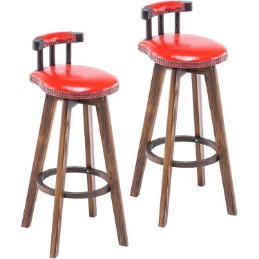 Imagem de Conjunto de bancos de bar rotativos com 2 cadeiras retrô de madeira maciça, com almofada e encosto de PU, para café da manhã em bares, cafés, restaurantes, banco alto, carga de 150 kg, verme