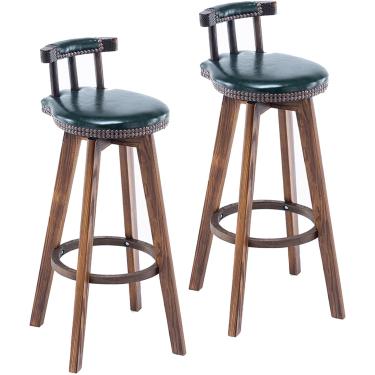 Imagem de Conjunto de bancos de bar rotativos com 2 cadeiras retrô de madeira maciça, com almofada e encosto de PU, para café da manhã em bares, cafés, restaurantes, banco alto, carga de 150 kg, verde