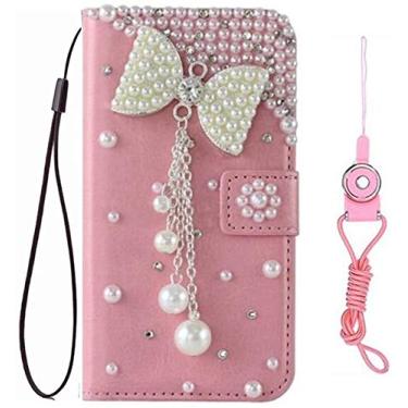 Imagem de HFICY Capa de telefone brilhante com 2 protetores de tela de vidro Pakc e cordão, capa de telefone carteira feminina com suporte de couro brilhante (borla de pérolas rosa, para iPhone 7 Plus/iPhone 8