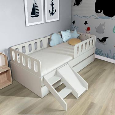 Imagem de Bicama Solteiro Mdf BP com Escadinha/Escorrega 03 Grades e Cabeceira Megamobilia