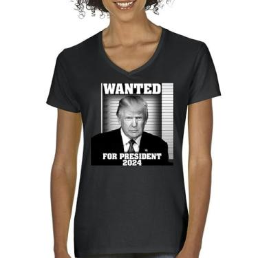 Imagem de Camiseta feminina com gola V Donald Trump Wanted for President 2024 Mugshot MAGA America First Republican Conservative FJB Tee, Preto, G