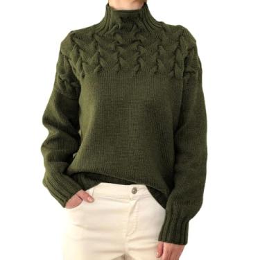 Imagem de Suéter feminino casual de malha de cor sólida pulôver de manga comprida suéter de gola rolê, Verde escuro, M