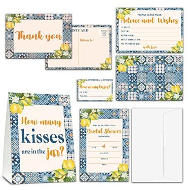 Imagem de Conjunto de convite para chá de panela - Decorações de casamento com limão mediterrâneo - Azul Italiano 1 placa de quantos beijos e 25 cartões de adivinhação, 25 cartões de conselhos e desejos, 25