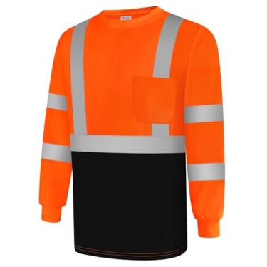Imagem de Uno Mejor Camisas de trabalho para homens construção classe 3 camisas de alta visibilidade, camisetas de segurança refletivas de alta visibilidade para homens e mulheres, camisas de trabalho de manga longa com fundo preto, durável de usar, laranja GG