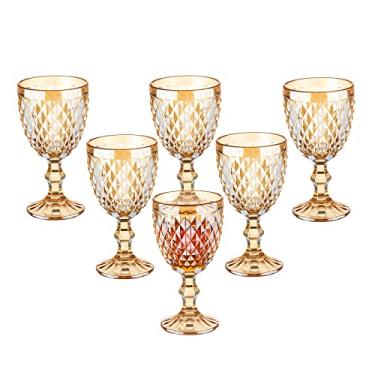 Imagem de Conjunto de 6 taças de vinho vintage, taças de água de vidro colorido de 293 ml, padrão exclusivo em relevo, vidro de haste alta transparente, para festa de casamento, bar de vidro, diamante, âmbar