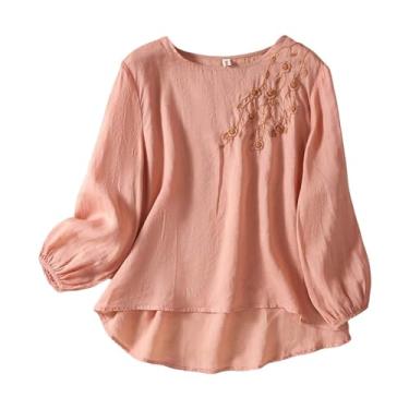Imagem de Camisetas femininas de manga comprida de algodão e linho bordadas de cor sólida casual, rosa, G
