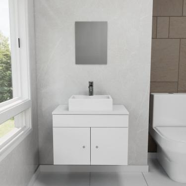 Imagem de Gabinete Armário para Banheiro com Pia Cuba Quadrada Mármore 60cm Balcão Suspenso Branco