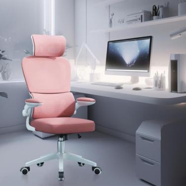 Imagem de Cadeira de escritório, design ergonômico com suporte lombar independente, malha respirável e encosto de cabeça ajustável(Rosa)