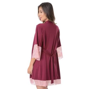 Imagem de Robe Rosa de Renda em Microfibra Kimono Roupão Linha Noite - Empório L